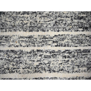 12'x14'9" Black And Ivory, Modern Striae Design, Hand Knotted, Plush Pile, Densely Woven, Organic Undyed Wool, Oversized Oriental Rug FWR505104