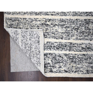 12'4"x18' Black And Ivory, Modern Striae Design, Thick And Plush, Organic Undyed Wool, Hand Knotted, Oversized Oriental Rug FWR505110