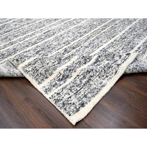 12'4"x18' Black And Ivory, Modern Striae Design, Thick And Plush, Organic Undyed Wool, Hand Knotted, Oversized Oriental Rug FWR505110