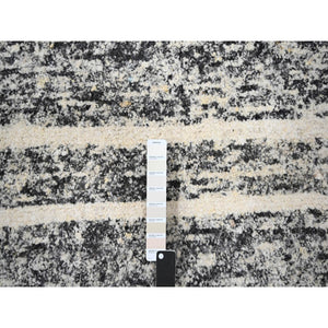 12'4"x18' Black And Ivory, Modern Striae Design, Thick And Plush, Organic Undyed Wool, Hand Knotted, Oversized Oriental Rug FWR505110