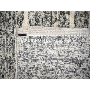 12'4"x18' Black And Ivory, Modern Striae Design, Thick And Plush, Organic Undyed Wool, Hand Knotted, Oversized Oriental Rug FWR505110