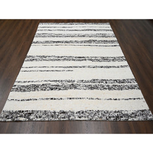 8'x9'9" Dark Brown And Ivory, Striae Design, Thick And Plush, Organic Undyed Wool, Hand Knotted, Oriental Rug FWR505116