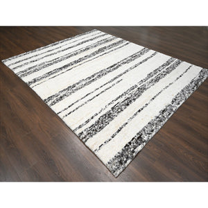 8'x9'9" Dark Brown And Ivory, Striae Design, Thick And Plush, Organic Undyed Wool, Hand Knotted, Oriental Rug FWR505116