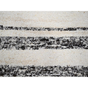 8'x9'9" Dark Brown And Ivory, Striae Design, Thick And Plush, Organic Undyed Wool, Hand Knotted, Oriental Rug FWR505116