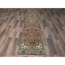 Load image into Gallery viewer, 2&#39;x9&#39; Salmon Pink, Vintage Persian Heriz, Hand Knotted, 100% Wool, Sheared Low, Zero Pile, Good Condition, Sides And Ends Professionally Secured, Fragment, Narrow Runner, Oriental Rug FWR5046