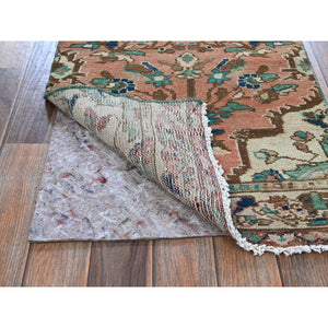 2'x9' Salmon Pink, Vintage Persian Heriz, Hand Knotted, 100% Wool, Sheared Low, Zero Pile, Good Condition, Sides And Ends Professionally Secured, Fragment, Narrow Runner, Oriental Rug FWR5046