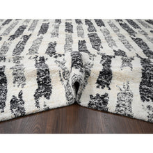 Load image into Gallery viewer, 12&#39;x14&#39;9&quot;, Black And Ivory, Modern Erased Column Design, Thick And Plush, Organic Undyed Wool, Hand Knotted, Oversized Oriental Rug FWR505242