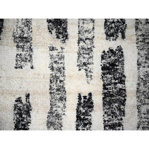 12'x14'9", Black And Ivory, Modern Erased Column Design, Thick And Plush, Organic Undyed Wool, Hand Knotted, Oversized Oriental Rug FWR505242