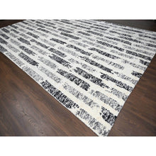 Load image into Gallery viewer, 12&#39;x17&#39;9&quot; Black And Ivory, Modern Erased Column Design Thick And Plush, Organic Undyed Wool Hand Knotted, Oversized Oriental Rug FWR505248