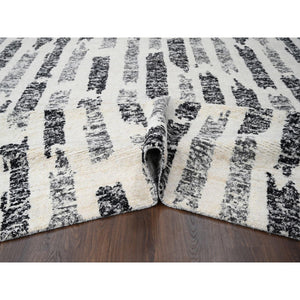 12'x17'9" Black And Ivory, Modern Erased Column Design Thick And Plush, Organic Undyed Wool Hand Knotted, Oversized Oriental Rug FWR505248