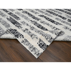 12'x17'9" Black And Ivory, Modern Erased Column Design Thick And Plush, Organic Undyed Wool Hand Knotted, Oversized Oriental Rug FWR505248