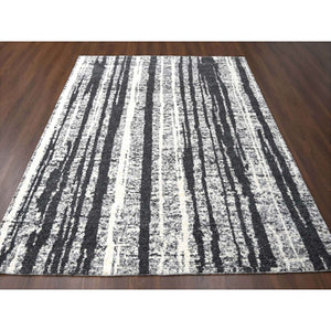 8'3"x10' Black and Ivory, Modern Vertical Broken Stripe Design, Plush Pile, Organic Undyed Wool, Oriental Rug FWR505254