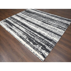 8'3"x10' Black and Ivory, Modern Vertical Broken Stripe Design, Plush Pile, Organic Undyed Wool, Oriental Rug FWR505254