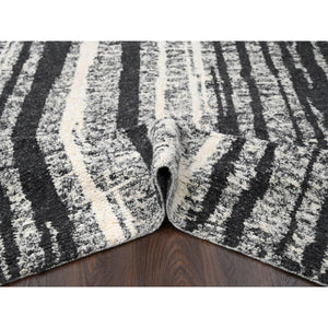 8'3"x10' Black and Ivory, Modern Vertical Broken Stripe Design, Plush Pile, Organic Undyed Wool, Oriental Rug FWR505254