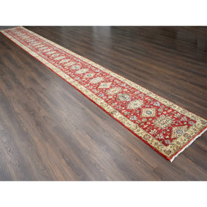 2'10"x24'9" Red and Gold, Karajeh Design, with Geometric Medallions, Extra Soft Wool, Hand Knotted, XL Runner Oriental Rug FWR505578