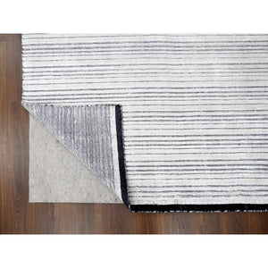 9'x12'1" Black and Ivory, Modern Textured and Variegated Line Design, Hand Loomed, Wool and Plant Based Silk, Oriental Rug FWR505674