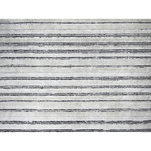9'x12'1" Black and Ivory, Modern Textured and Variegated Line Design, Hand Loomed, Wool and Plant Based Silk, Oriental Rug FWR505674