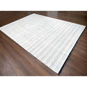 9'x12'1" Black and Ivory, Modern Textured and Variegated Line Design, Wool and Plant Based Silk, Hand Loomed, Oriental Rug FWR505680