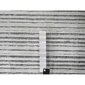 9'x12'1" Black and Ivory, Modern Textured and Variegated Line Design, Wool and Plant Based Silk, Hand Loomed, Oriental Rug FWR505680