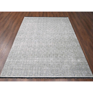 7'10"x10' Black and Gray, Wool and Plant Based Silk, Modern Textured Roman Floor Design, Hand Loomed, Oriental Rug FWR505782