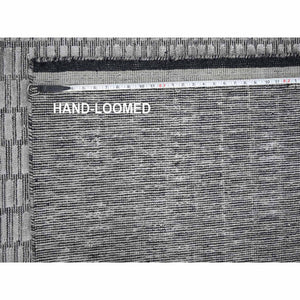 7'10"x10' Black and Ivory, Modern Textured and Variegated Line Design, Wool and Plant Based Silk, Hand Loomed, Oriental Rug FWR506004