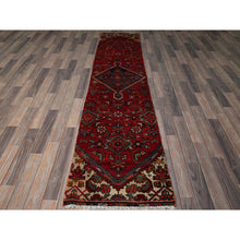 Load image into Gallery viewer, 2&#39;1&quot;x9&#39;1&quot; Ruby Red, Vintage Persian Hamadan With Geometric Medallion Design, Distressed And Worn, Cropped Thin, Zero Pile, Sides And Ends Professionally Secured, Hand Knotted, 100% Wool, Fragment, Narrow Runner, Oriental Rug FWR5052