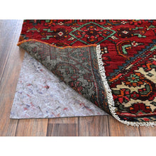 Load image into Gallery viewer, 2&#39;1&quot;x9&#39;1&quot; Ruby Red, Vintage Persian Hamadan With Geometric Medallion Design, Distressed And Worn, Cropped Thin, Zero Pile, Sides And Ends Professionally Secured, Hand Knotted, 100% Wool, Fragment, Narrow Runner, Oriental Rug FWR5052