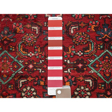 Load image into Gallery viewer, 2&#39;1&quot;x9&#39;1&quot; Ruby Red, Vintage Persian Hamadan With Geometric Medallion Design, Distressed And Worn, Cropped Thin, Zero Pile, Sides And Ends Professionally Secured, Hand Knotted, 100% Wool, Fragment, Narrow Runner, Oriental Rug FWR5052