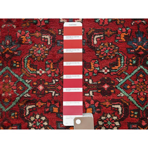 2'1"x9'1" Ruby Red, Vintage Persian Hamadan With Geometric Medallion Design, Distressed And Worn, Cropped Thin, Zero Pile, Sides And Ends Professionally Secured, Hand Knotted, 100% Wool, Fragment, Narrow Runner, Oriental Rug FWR5052