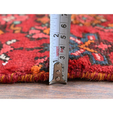Load image into Gallery viewer, 2&#39;1&quot;x9&#39;1&quot; Ruby Red, Vintage Persian Hamadan With Geometric Medallion Design, Distressed And Worn, Cropped Thin, Zero Pile, Sides And Ends Professionally Secured, Hand Knotted, 100% Wool, Fragment, Narrow Runner, Oriental Rug FWR5052