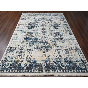 8'10"x12' Ivory And Blue, Hand Knotted, Densely Woven, Pure Wool, Erased Persian Serapi Heriz Design, Oriental Rug FWR505812