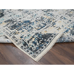 8'10"x12' Ivory And Blue, Hand Knotted, Densely Woven, Pure Wool, Erased Persian Serapi Heriz Design, Oriental Rug FWR505812