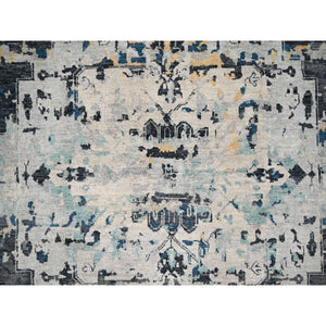 8'10"x12' Ivory And Blue, Hand Knotted, Densely Woven, Pure Wool, Erased Persian Serapi Heriz Design, Oriental Rug FWR505812