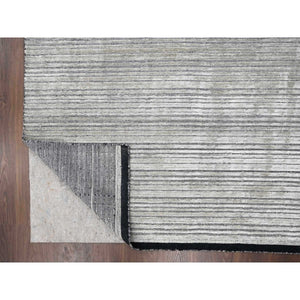 9'1"x12'1" Taupe and Black, Wool and Plant Based Silk, Hand Loomed, Modern Textured and Variegated Line Design, Oriental Rug FWR506082
