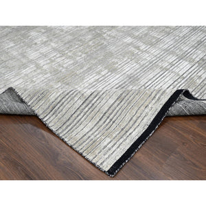 9'1"x12'1" Taupe and Black, Wool and Plant Based Silk, Hand Loomed, Modern Textured and Variegated Line Design, Oriental Rug FWR506082