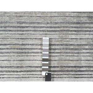 9'1"x12'1" Taupe and Black, Wool and Plant Based Silk, Hand Loomed, Modern Textured and Variegated Line Design, Oriental Rug FWR506082