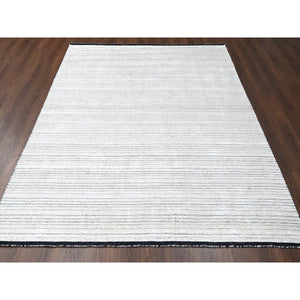 8'x10' Ivory, Wool and Plant Based Silk, Modern Textured and Variegated Line Design, Hand Loomed, Oriental Rug FWR506094