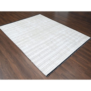 8'x10' Ivory, Wool and Plant Based Silk, Modern Textured and Variegated Line Design, Hand Loomed, Oriental Rug FWR506094