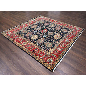8'x8' Black, Vegetable Dyes, 100% Wool, Soft Pile, Karajeh Design with All Over Pattern, Hand Knotted, Square, Oriental Rug FWR506358
