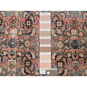 2'3"x9'2" Salmon Pink, Vintage Persian Hamadan With All Over Fish Mahi Design, Distressed And Worn, Cropped Thin, Zero Pile, Sides And Ends Professionally Secured, Hand Knotted, 100% Wool, Fragment, Narrow Runner, Oriental Rug FWR5058