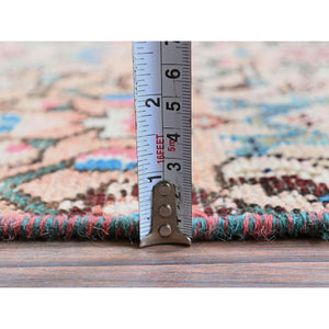 2'3"x9'2" Salmon Pink, Vintage Persian Hamadan With All Over Fish Mahi Design, Distressed And Worn, Cropped Thin, Zero Pile, Sides And Ends Professionally Secured, Hand Knotted, 100% Wool, Fragment, Narrow Runner, Oriental Rug FWR5058