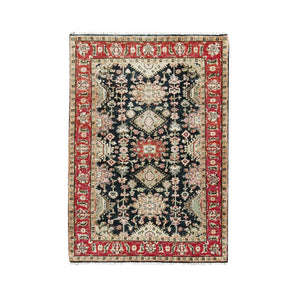 4'2"x6' Black and Red, Natural Dyes, Karajeh Design with All Over Pattern, Pure Wool, Hand Knotted, Oriental Rug FWR506424