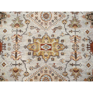 6'1"x11'10" Beige and Brown, Karajeh Design with Geometric Medallion, Hand Knotted, Vegetable Dyes, Extra Soft Wool, Wide Gallery Runner Oriental Rug FWR506454