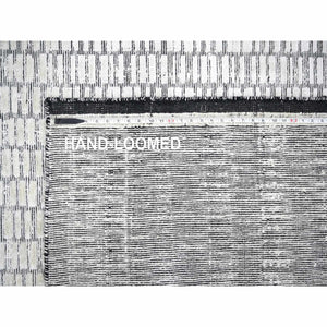 9'x12'1"Black and Ivory, Modern Textured and Roman Floor Design, Hand Loomed, Wool and Plant Based Silk, Oriental Rug FWR506472