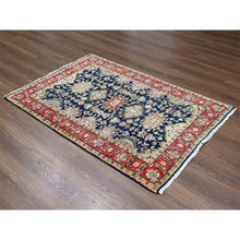 Load image into Gallery viewer, 4&#39;2&quot;x6&#39; Black With Red, Karajeh Design With All Over Pattern, Hand Knotted, Pure Wool, Oriental Rug FWR506484