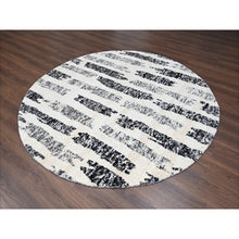 Load image into Gallery viewer, 7&#39;10&quot;x8&#39; Black And Ivory, Thick And Plush, Organic Undyed Wool, Modern Erased Column Design,  Hand Knotted, Round, Oriental Rug FWR506604