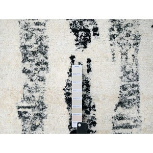 7'10"x8' Black And Ivory, Thick And Plush, Organic Undyed Wool, Modern Erased Column Design,  Hand Knotted, Round, Oriental Rug FWR506604