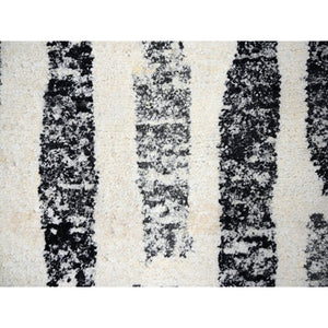 7'10"x8' Black And Ivory, Thick And Plush, Organic Undyed Wool, Modern Erased Column Design,  Hand Knotted, Round, Oriental Rug FWR506604