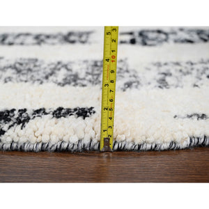 7'10"x8' Black And Ivory, Thick And Plush, Organic Undyed Wool, Modern Erased Column Design,  Hand Knotted, Round, Oriental Rug FWR506604