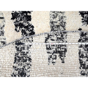 7'10"x8' Black And Ivory, Thick And Plush, Organic Undyed Wool, Modern Erased Column Design,  Hand Knotted, Round, Oriental Rug FWR506604